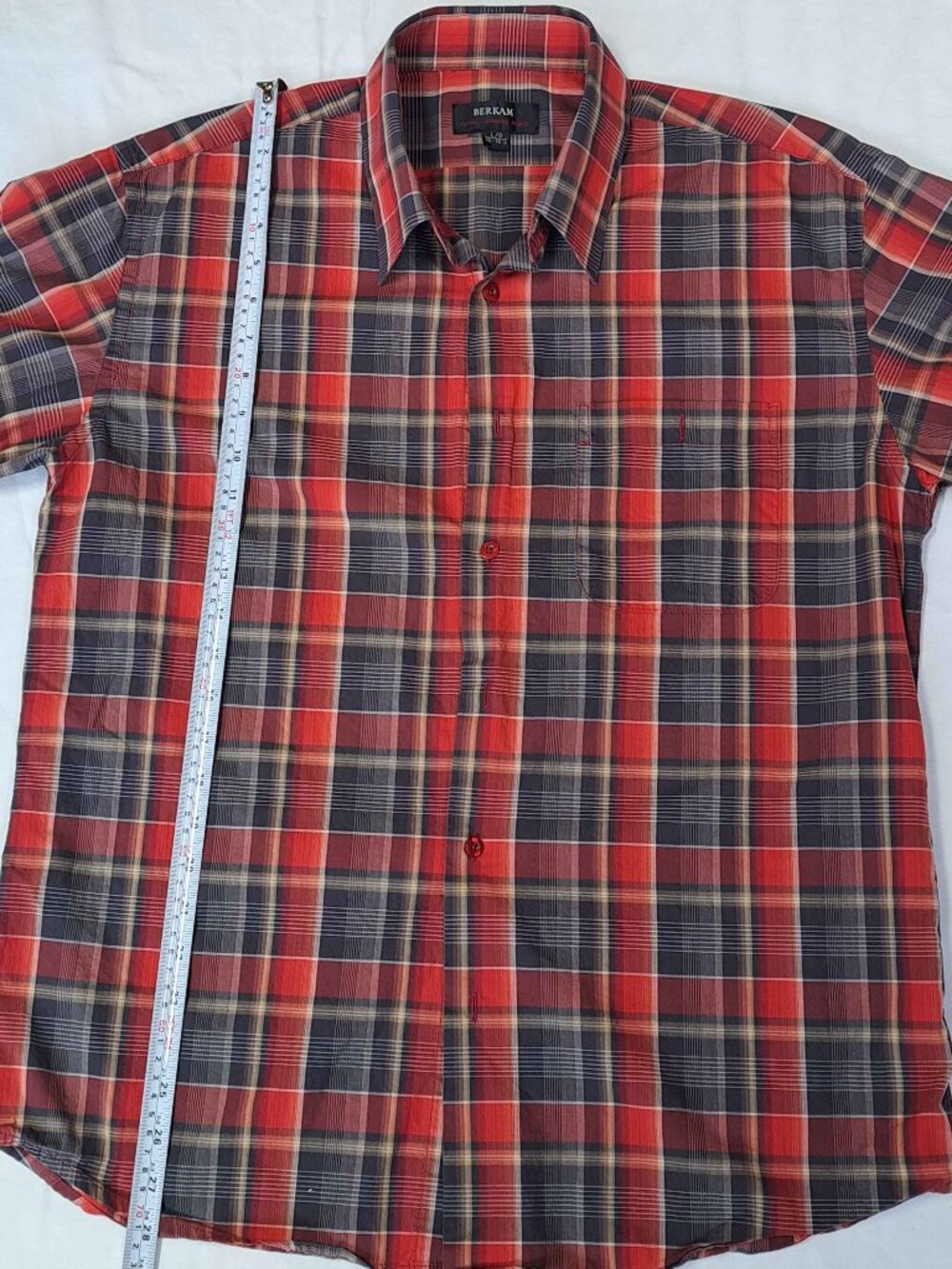 Berkam Plaid Shirt Men’s L Red Button Down Short Sleeve Cotton